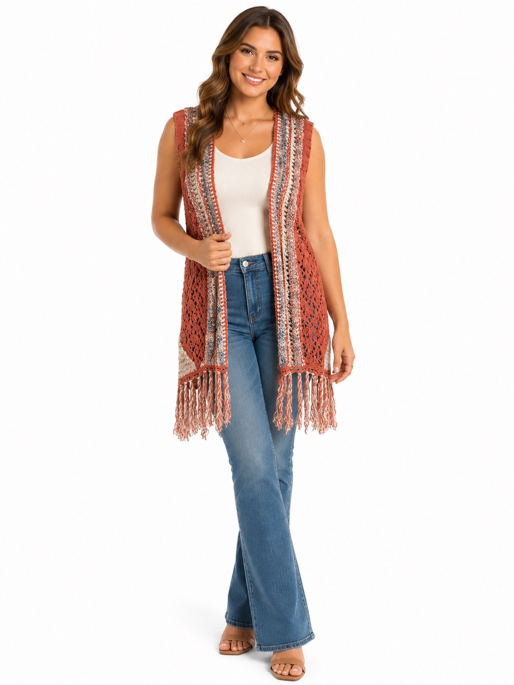 gimmicks by BKE Open Crochet Boho Fringe Vest
